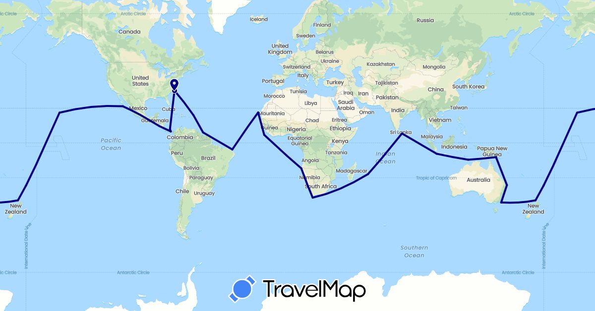 TravelMap itinerary: driving in Brazil, Indonesia, Sri Lanka, Mexico, New Zealand, Panama, Papua New Guinea, United States (Asia, North America, Oceania, South America)